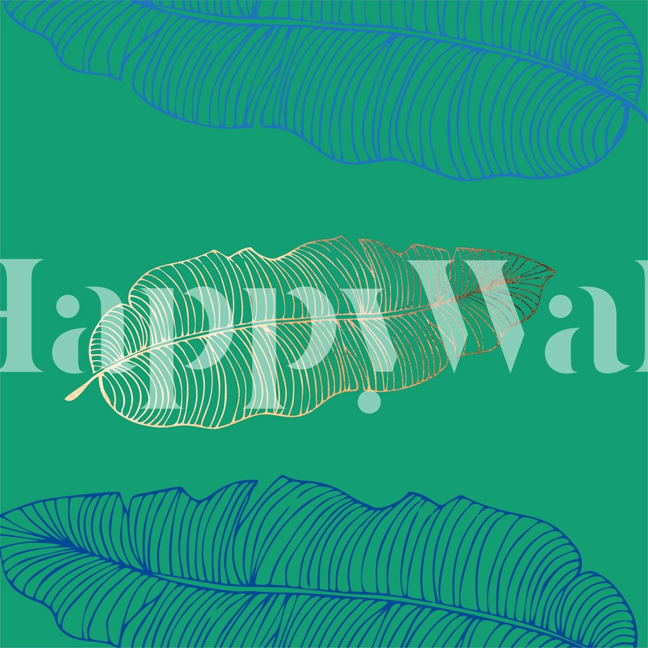 Moss green background with a palm leaf pattern wall mural