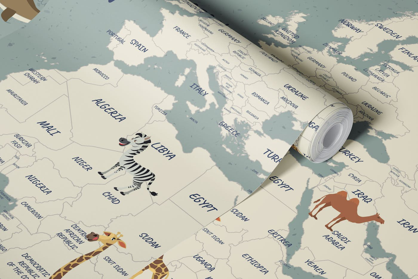 Beautiful Travel Map for Kids - Pastel Blue wallpaper roll