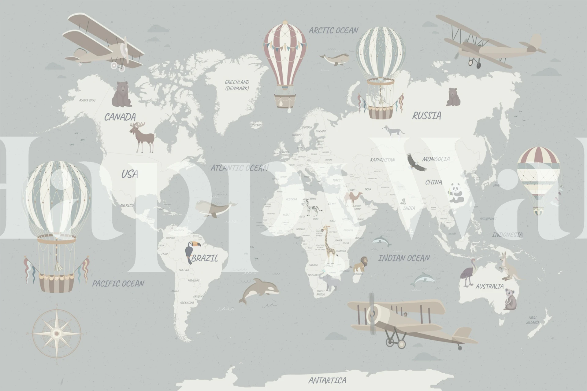 Light blue travel map wallpaper for kids room