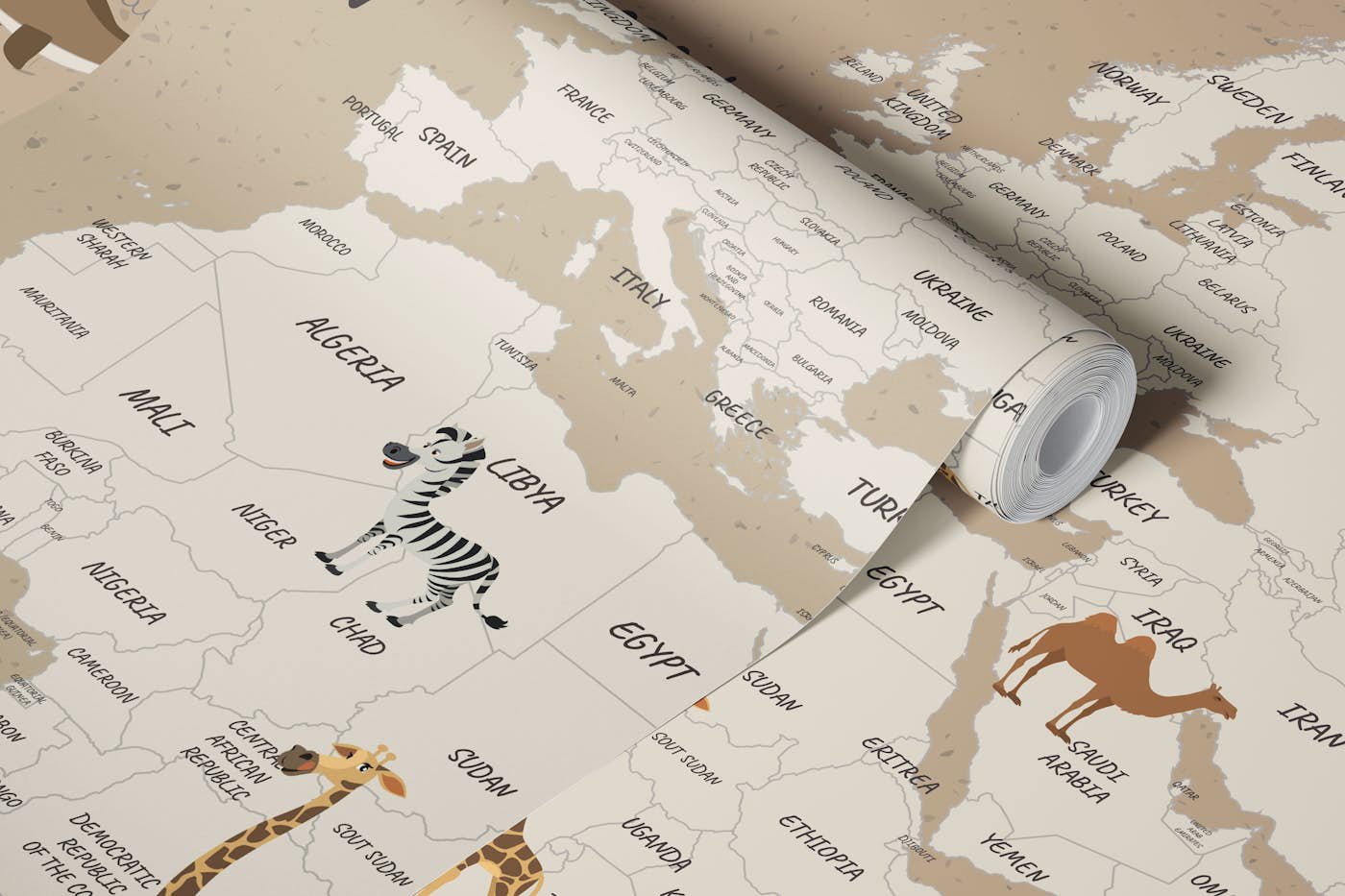 Beautiful Travel Map for Kids - Sepia wallpaper roll