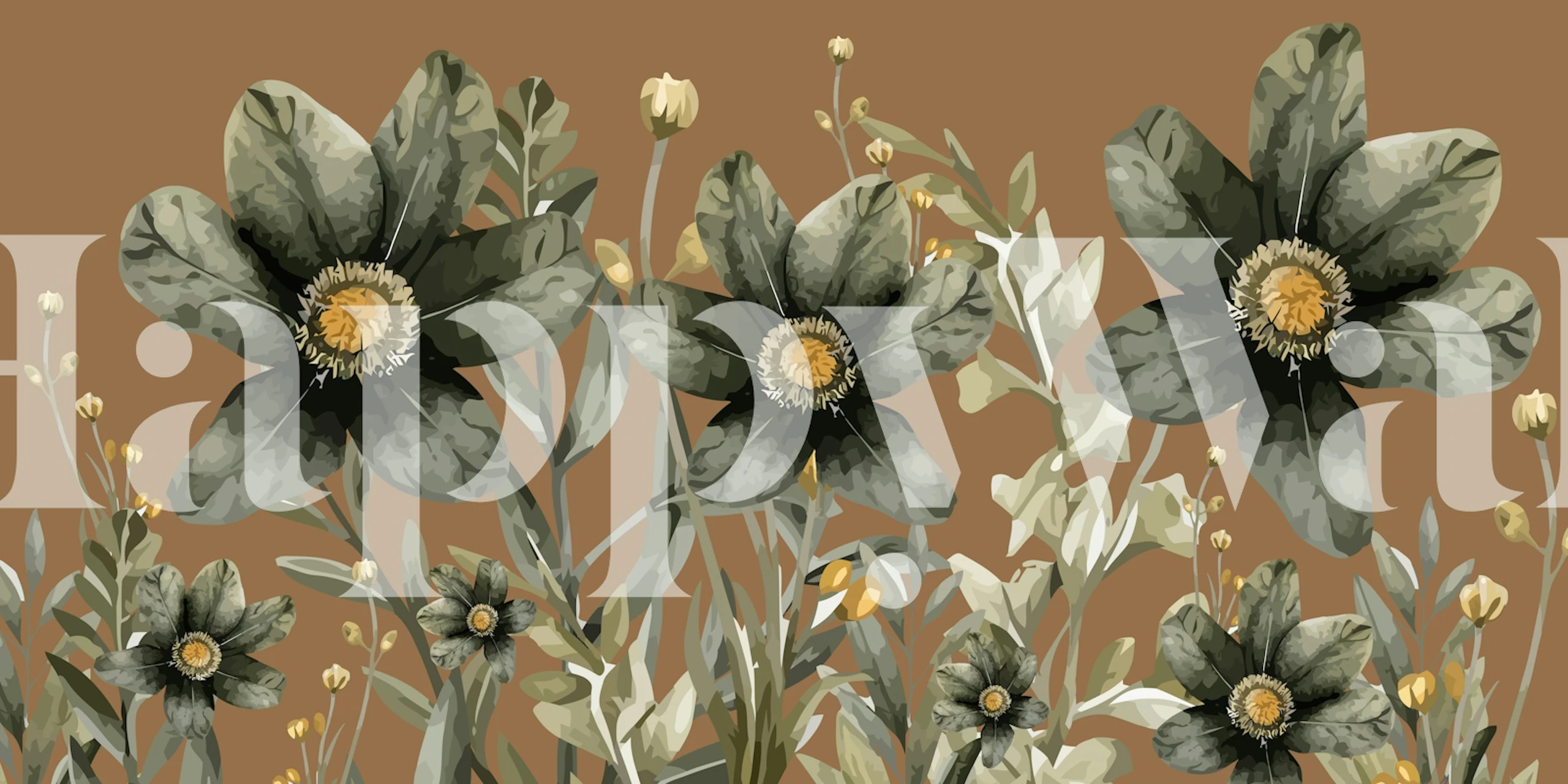 Large botanical flowers in green and brown wallpaper