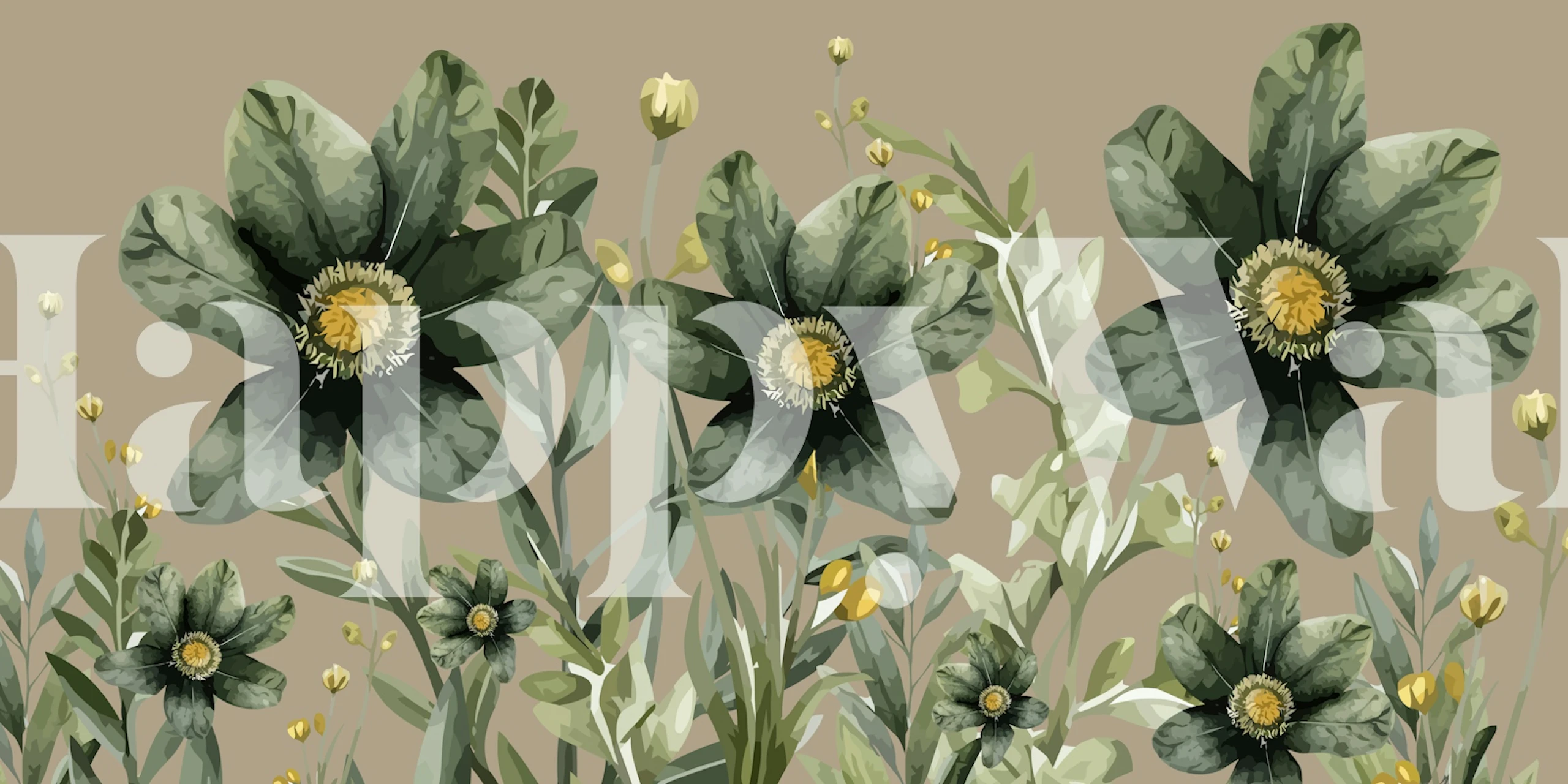 Green floral wallpaper featuring large flowers and leaves