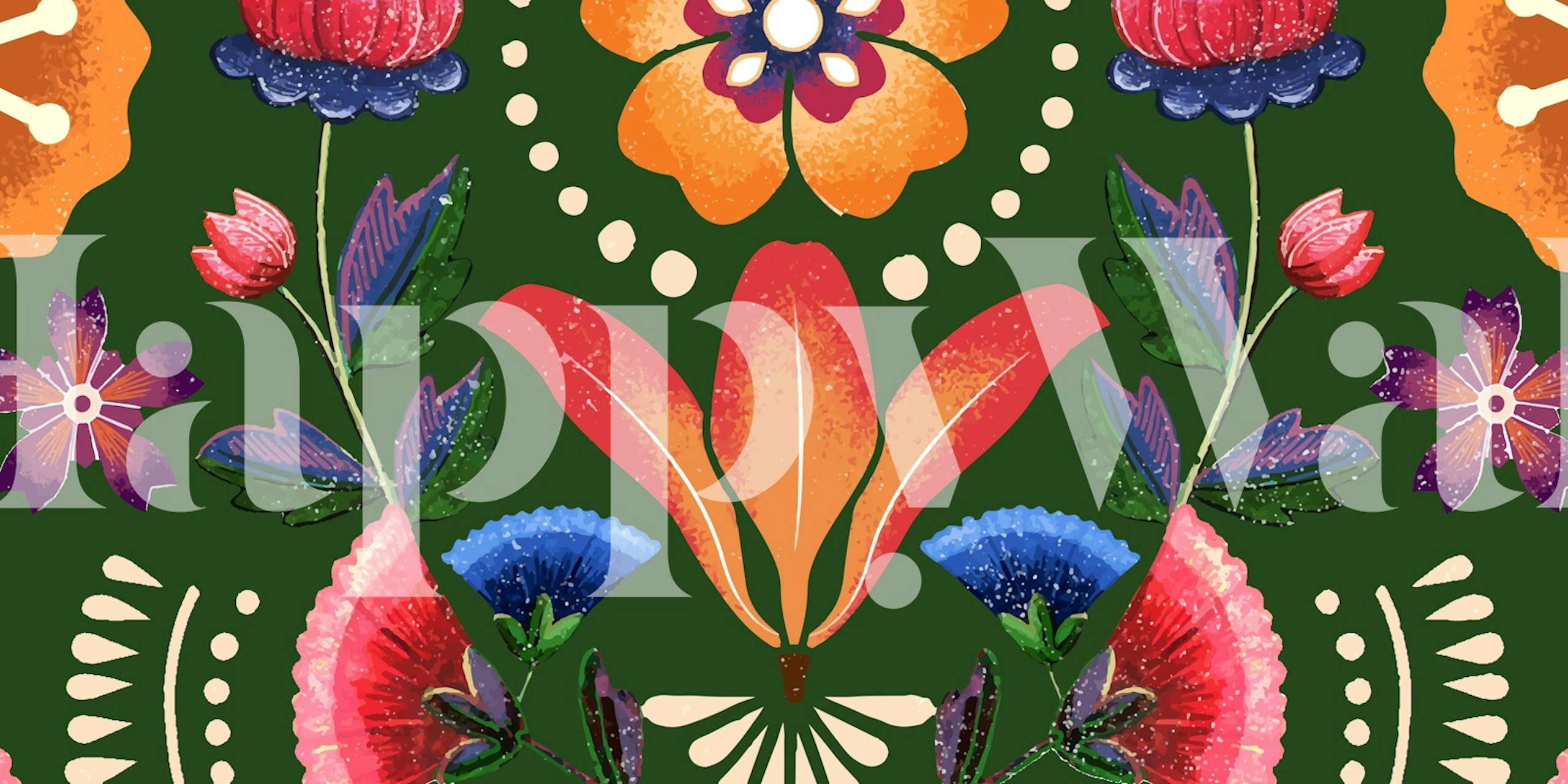 Floral pattern with red, blue, and orange flowers on green wallpaper