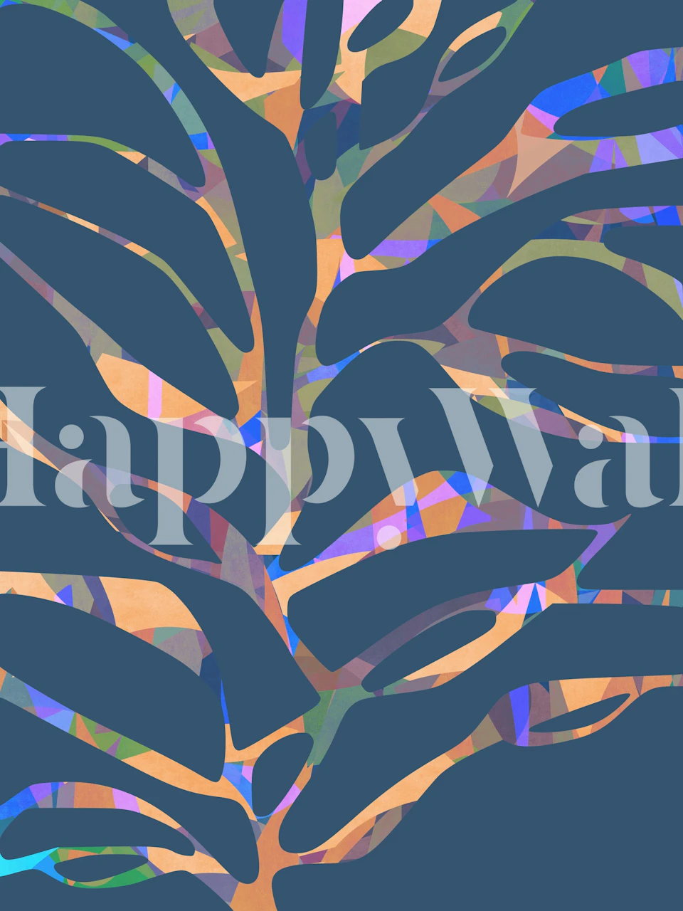 Colorful abstract tree pattern in blue and beige wallpaper