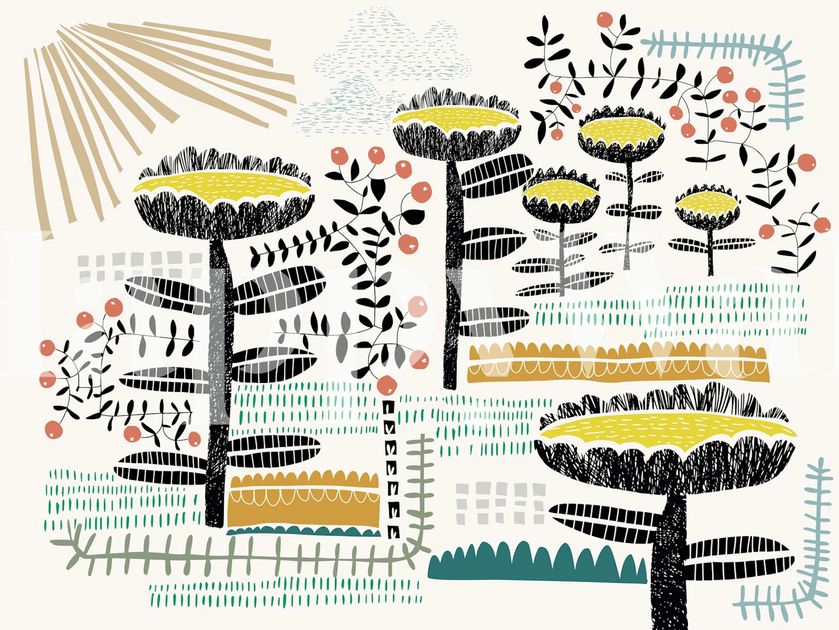 Bold floral design with yellow flowers and black leaves on cream background wallpaper