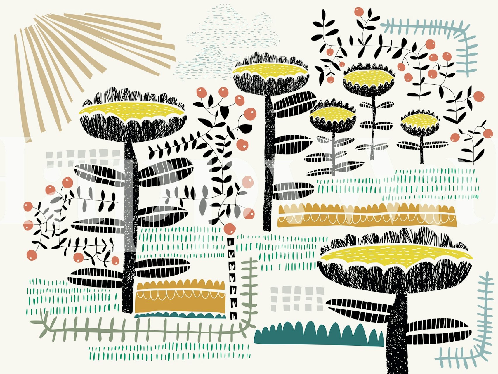 Blockdruck Blumendesign in Gelb und Schwarz auf heller Tapete