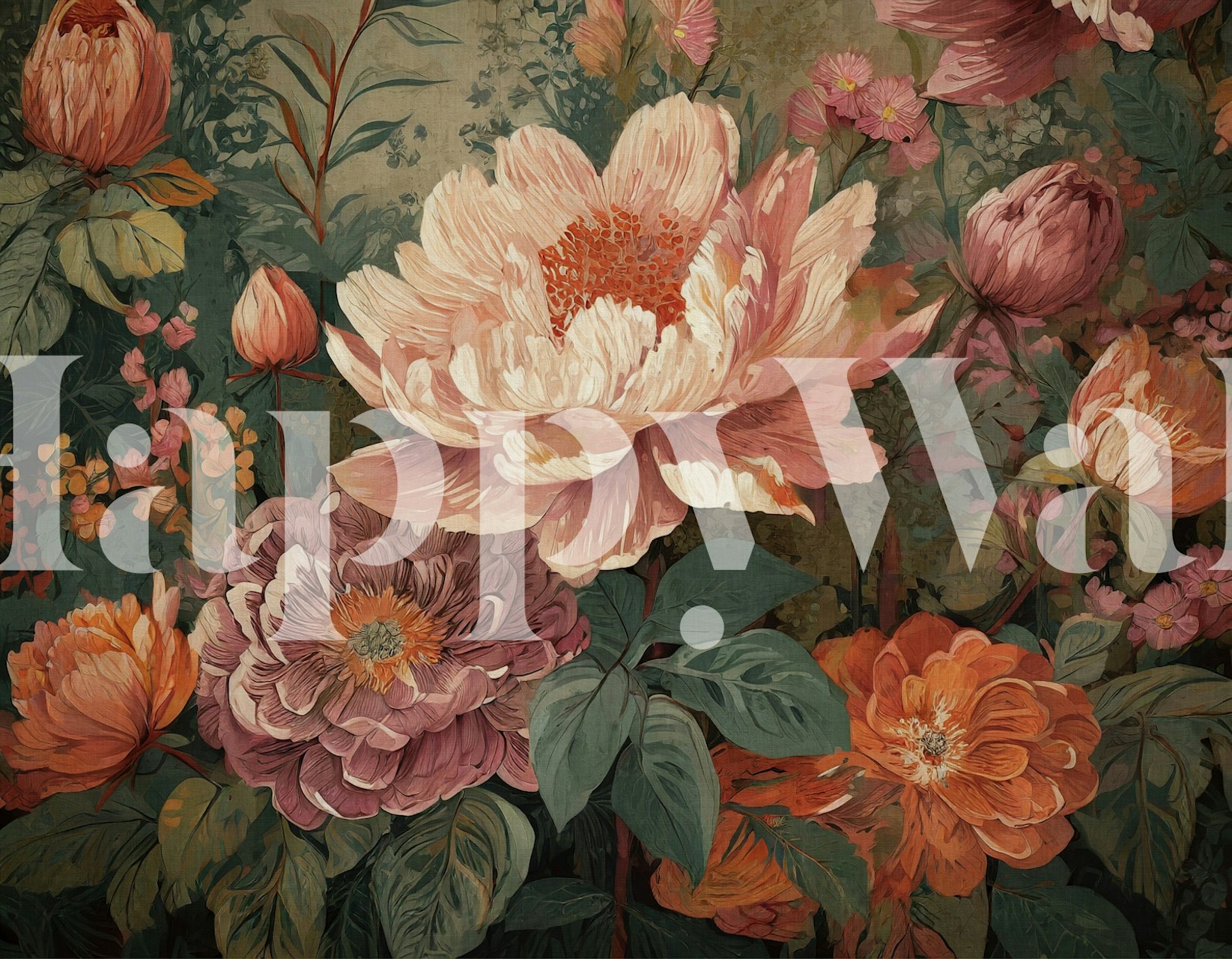 Floral wallpaper featuring large pink and orange flowers with green leaves in baroque style.