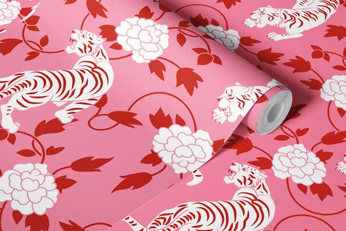 Tigers and Florals Pink Red Asia Chinoiseriewallpaper roll
