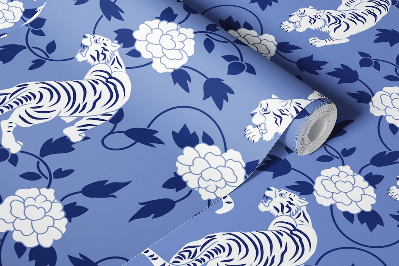 Tigers and Florals Blue Asian Chinoiserie wallpaper roll