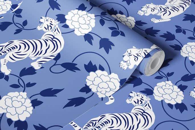 Tigers and Florals Blue Asian Chinoiseriewallpaper roll
