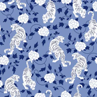Tigers and Florals Blue Asian Chinoiserie wallpaper