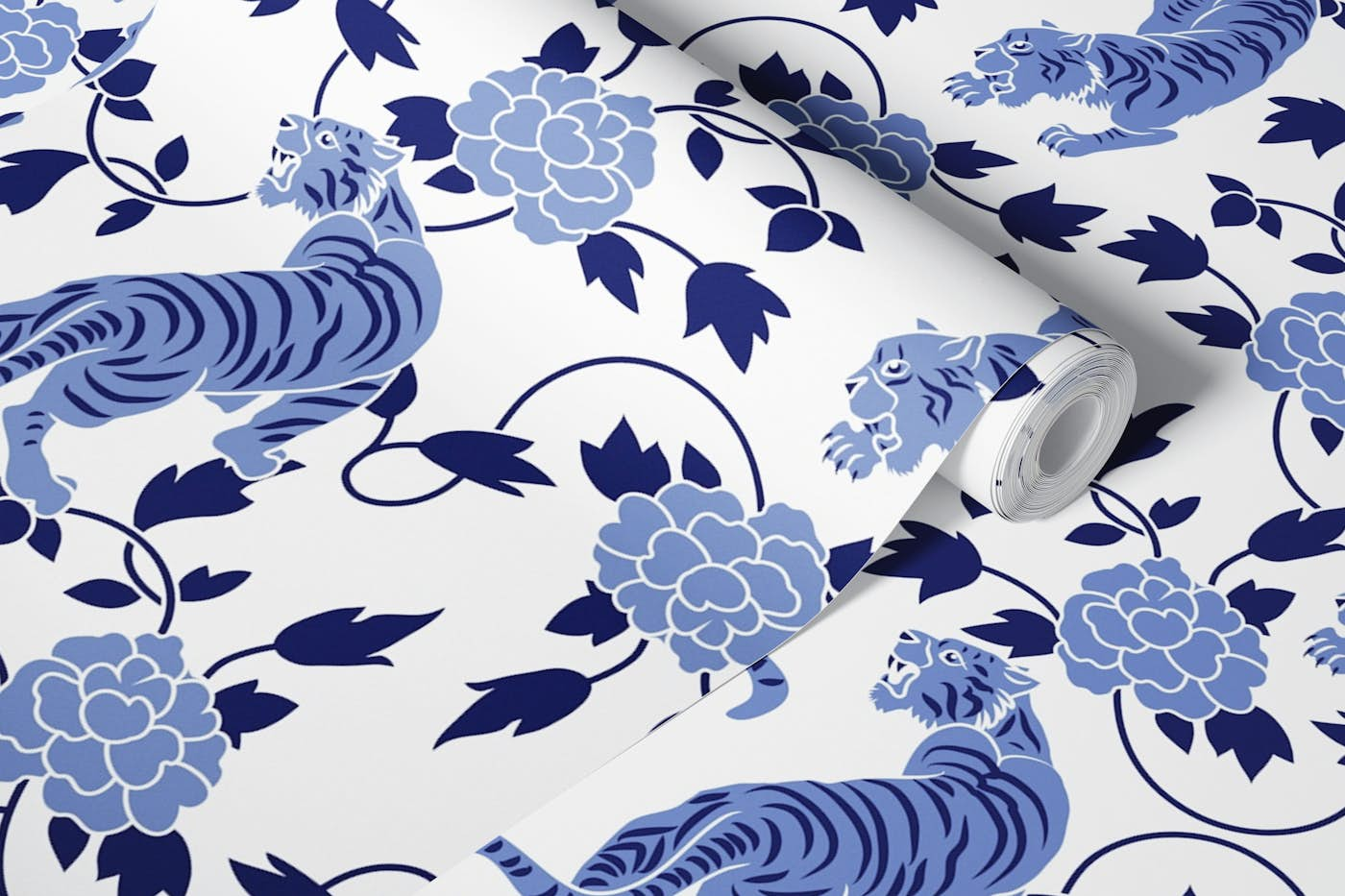 Tigers and Florals Blue White Chinoiserie wallpaper roll