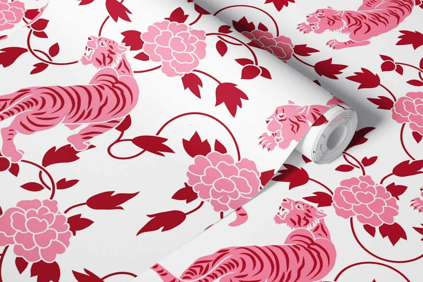 Tigers and Florals White Pink Chinoiserie wallpaper roll