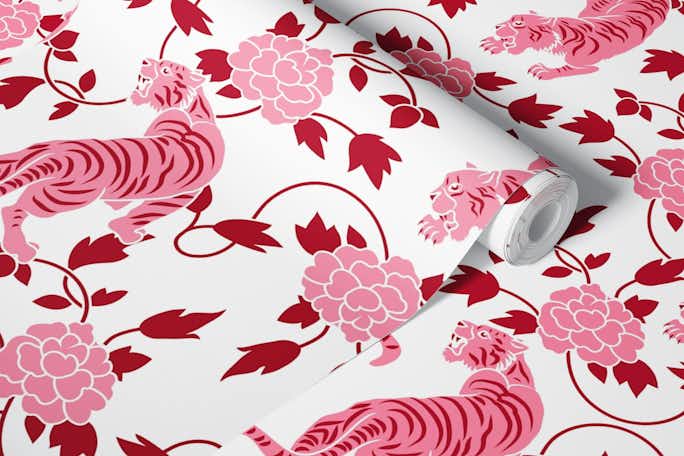 Tigers and Florals White Pink Chinoiseriewallpaper roll