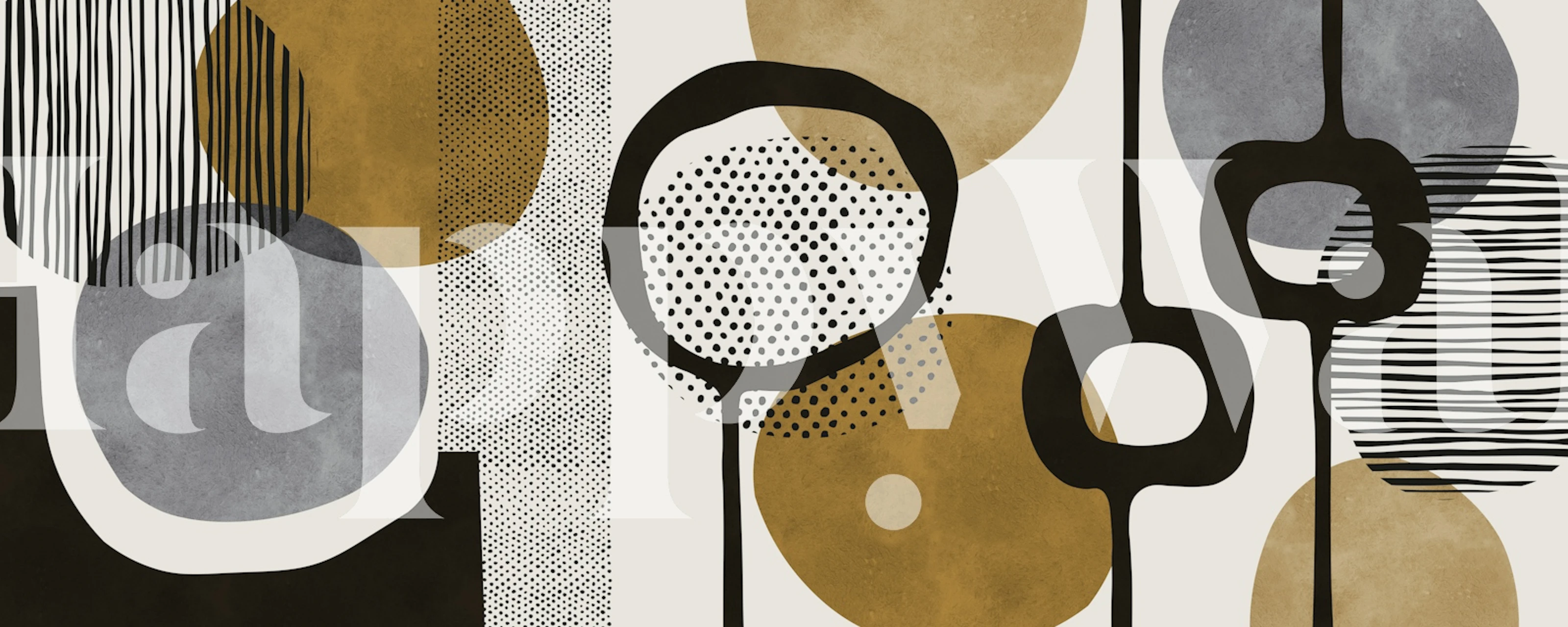 Abstract patterns with black, gold, and gray circles and lines wallpaper