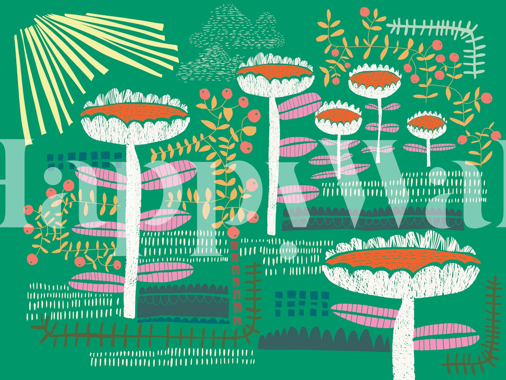 Bold flower and leaf patterns in green, pink, and white wallpaper