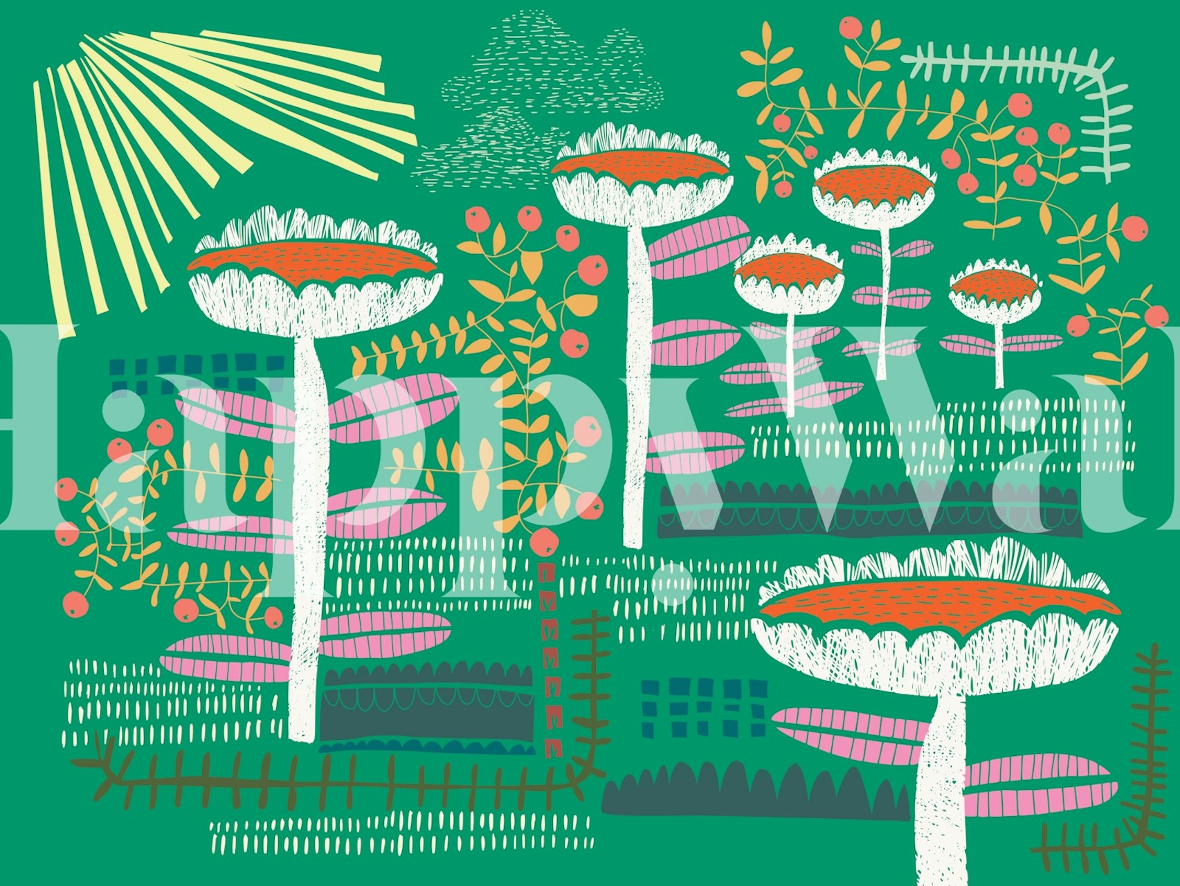 Bold flower and leaf patterns in green, pink, and white wallpaper