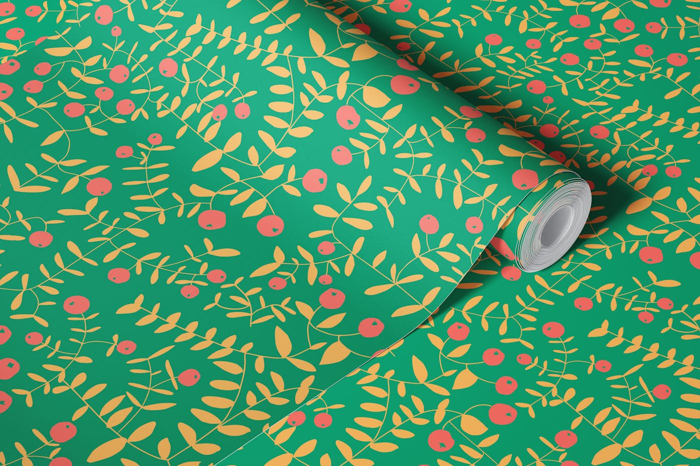 Block print berries bright green wallpaper roll