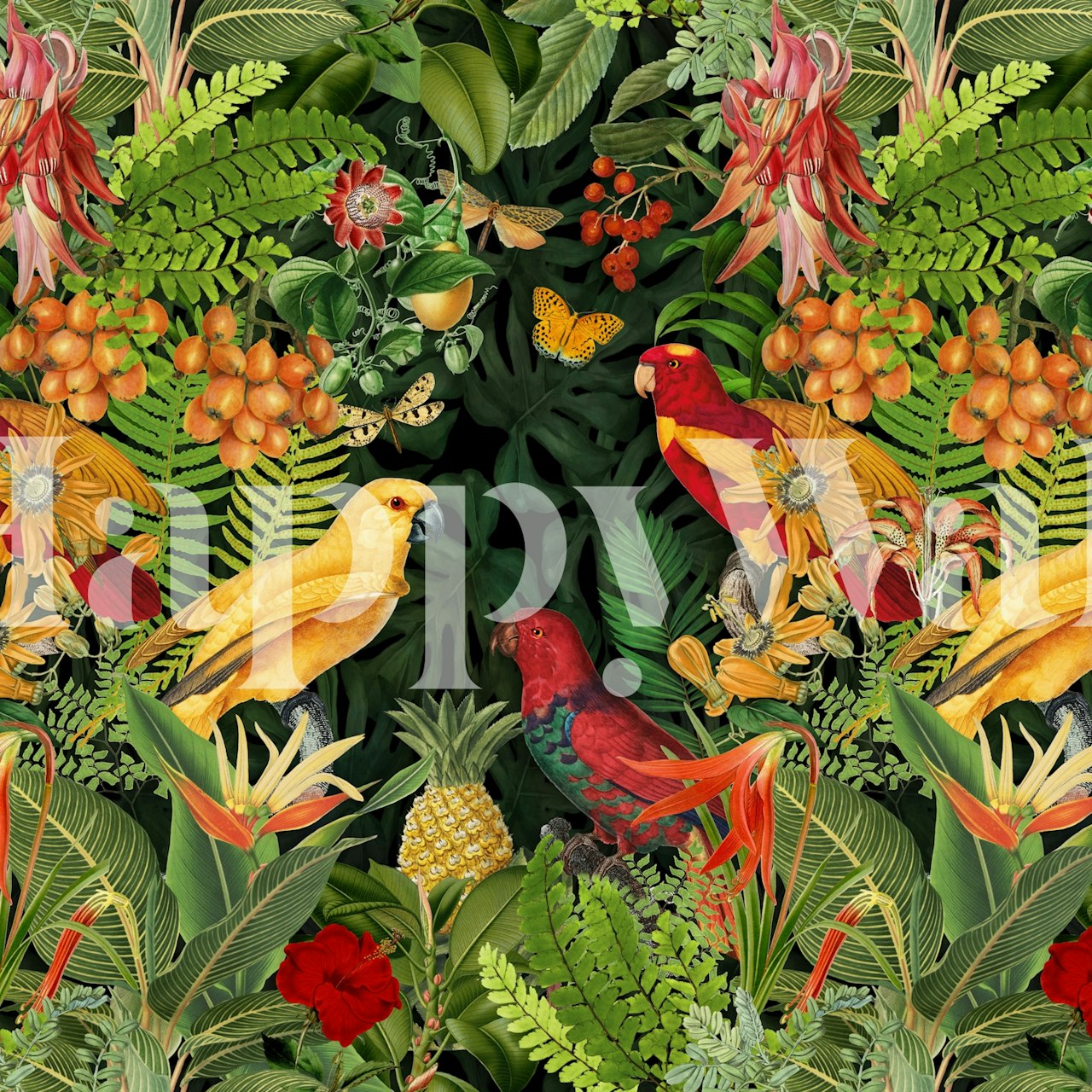 Vibrant tropical parrots and flowers in green wallpaper