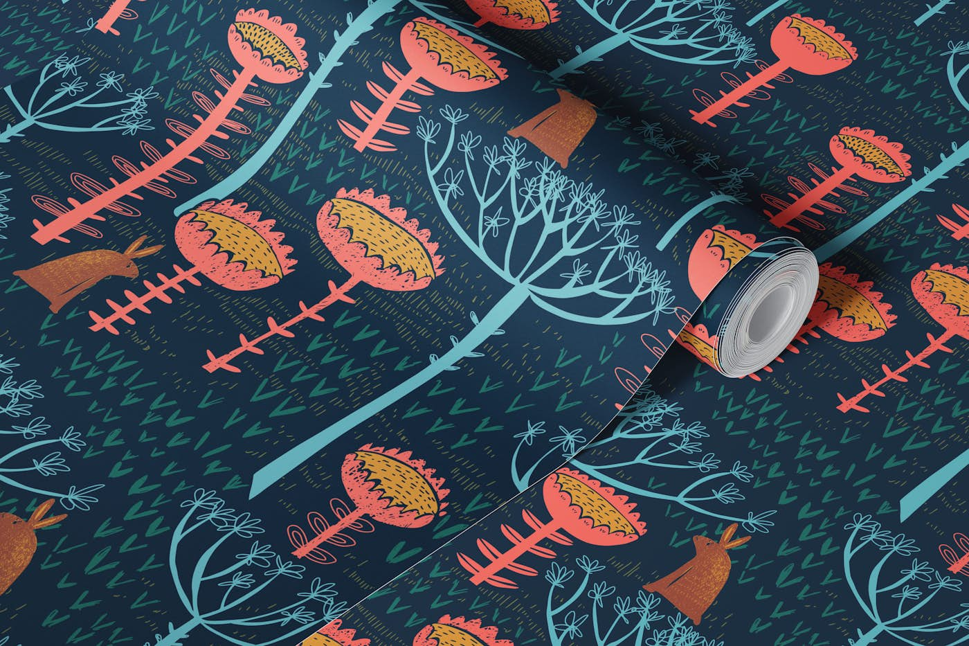 Block print scandinavian blue meadow wallpaper roll