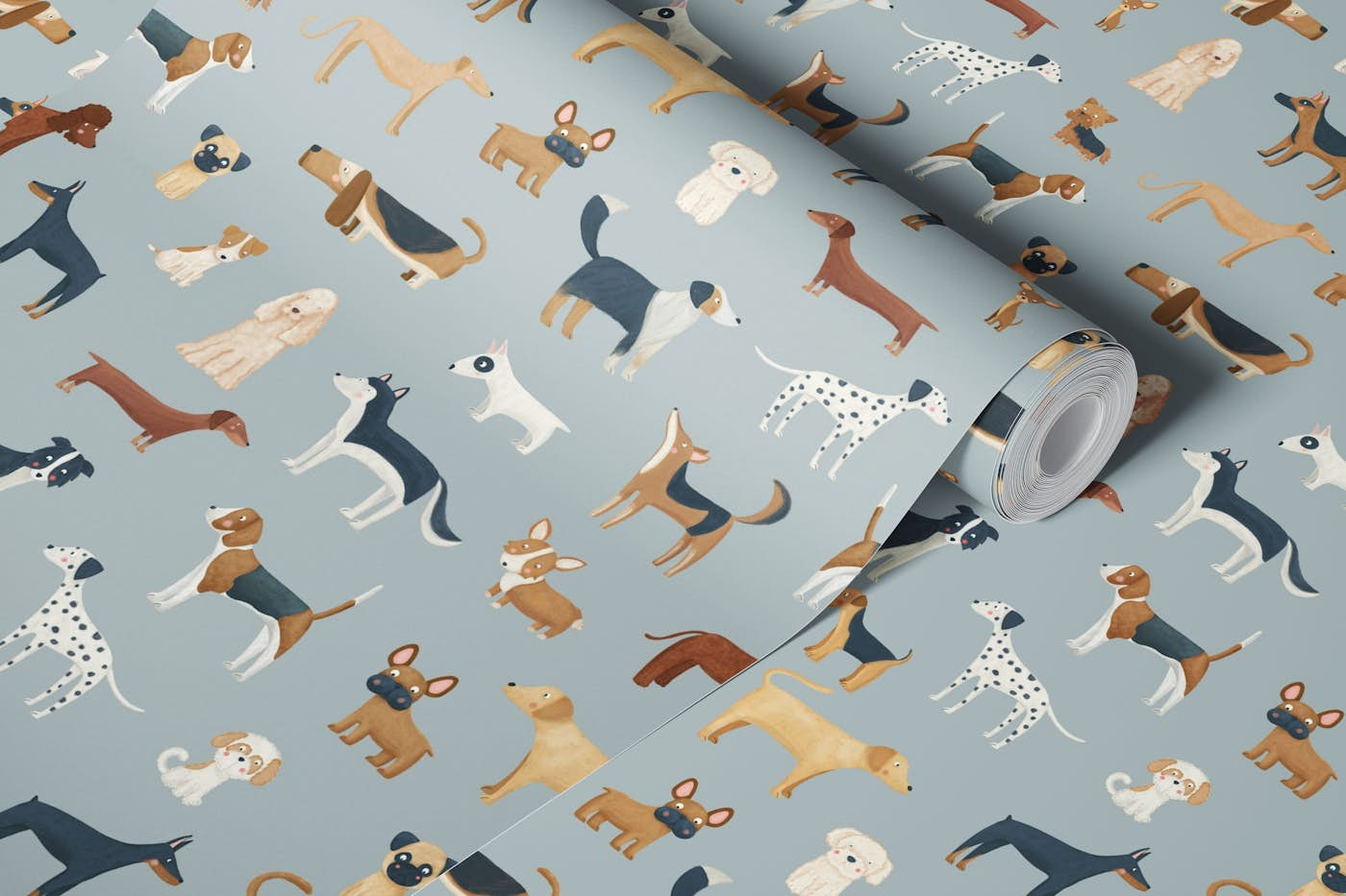 Dog Breeds in blue wallpaper roll