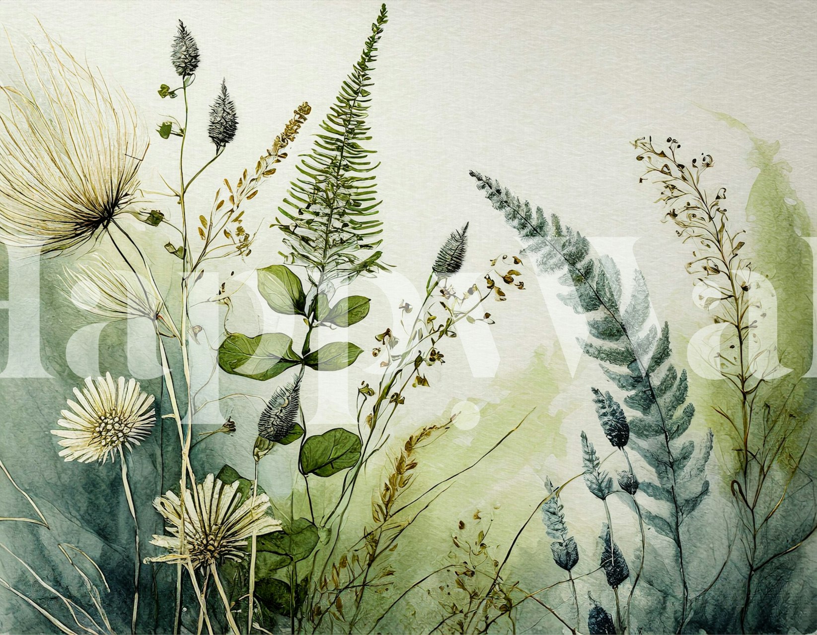 kevät niityn seinämaalaus vihreillä saniaisilla ja luonnonkukilla