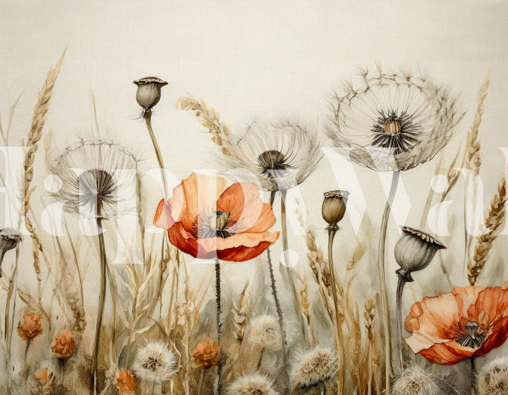Wildflowers wall mural with poppies and wheat