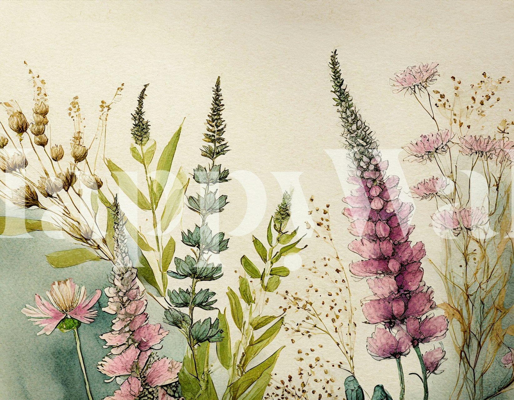 Elegant vægmaleri, der viser en fredfyldt forårseng med pastelfarvede blomster og grønt