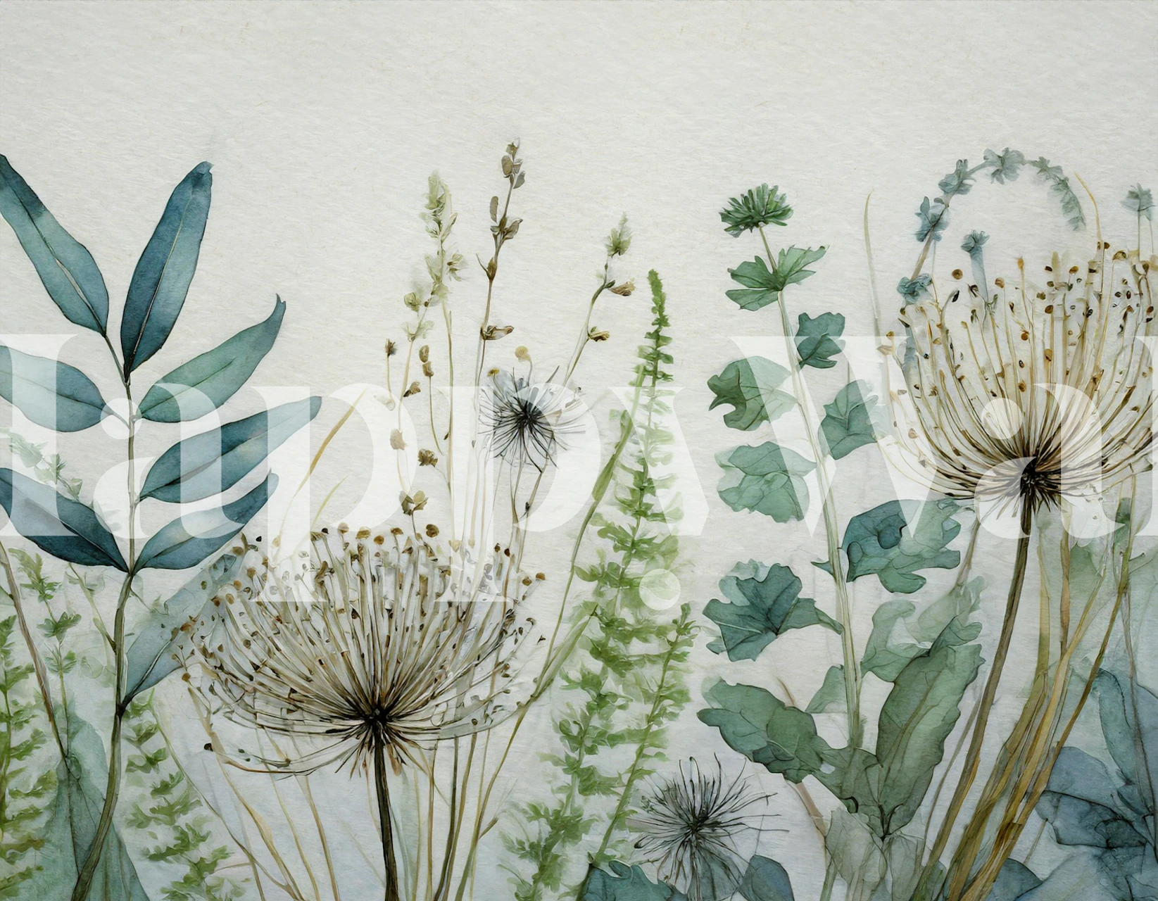 Elegante mural de pared de pradera de primavera salvaje con un diseño botánico en colores pastel