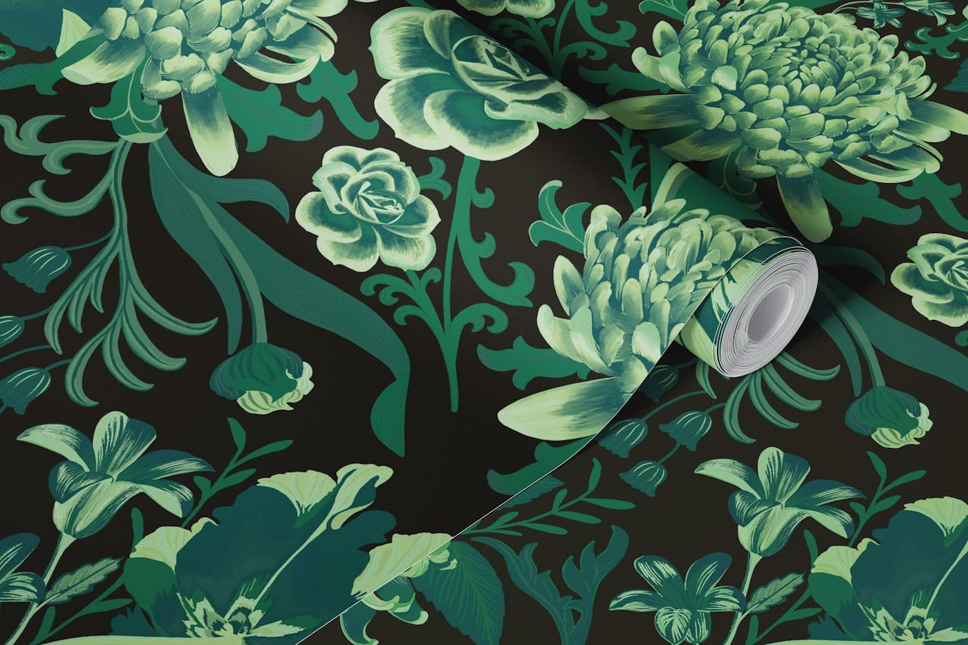 Rococo flowers in green wallpaper roll