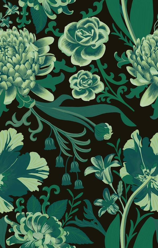 Rococo flowers in green