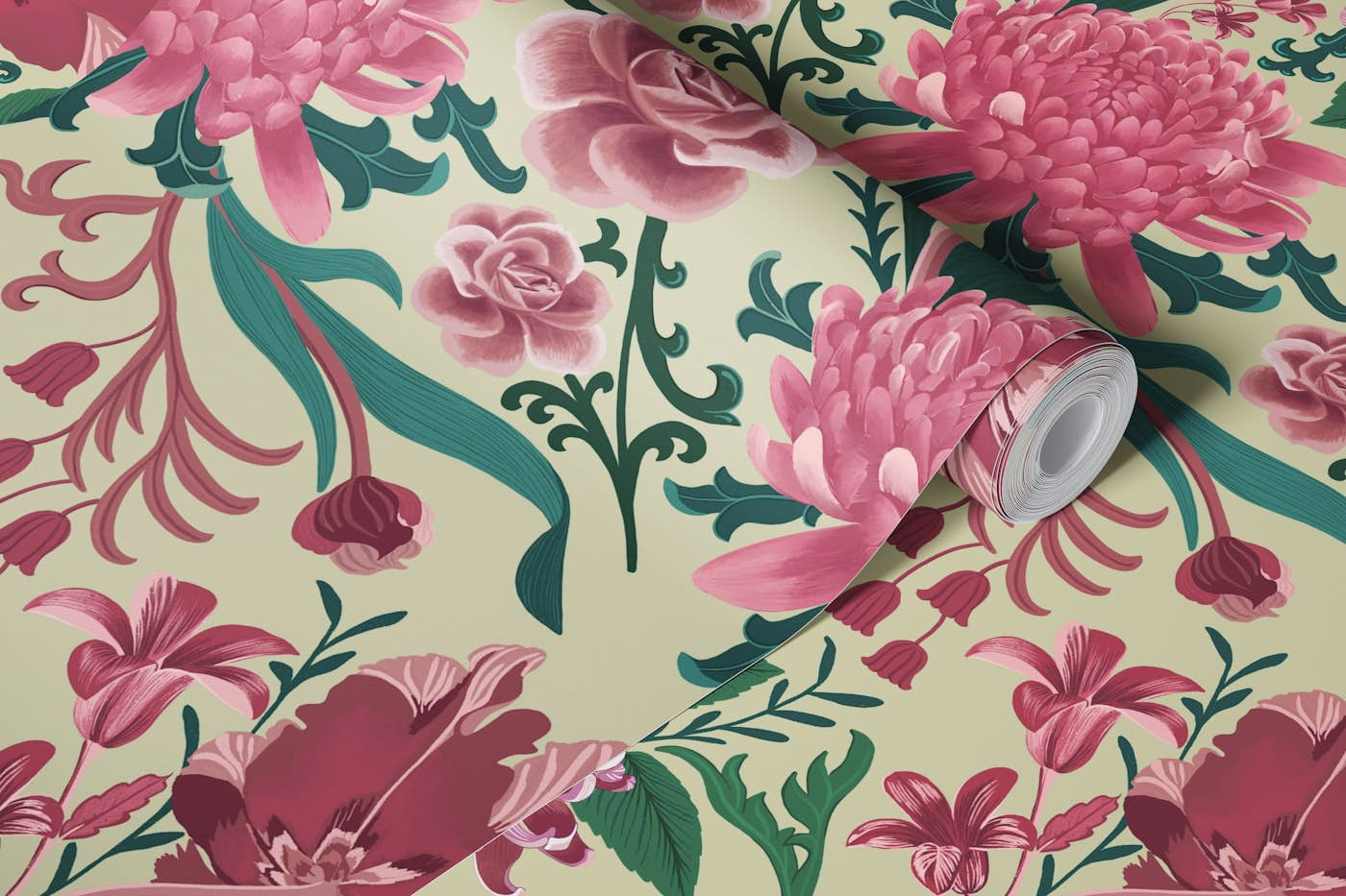 Rococo florals in cream and rosa wallpaper roll