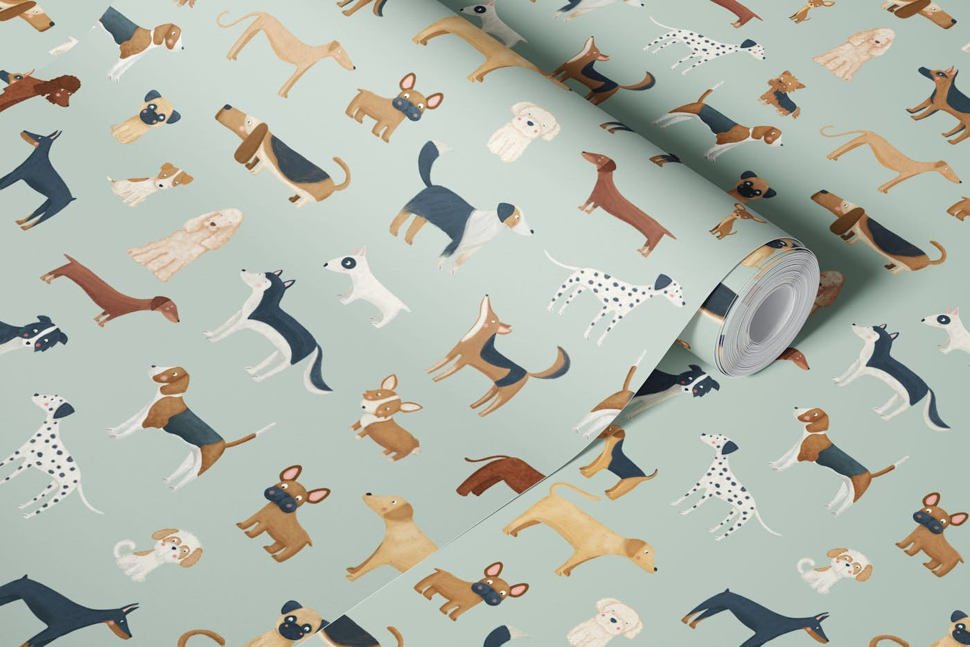 Dog Breeds in mint green wallpaper roll