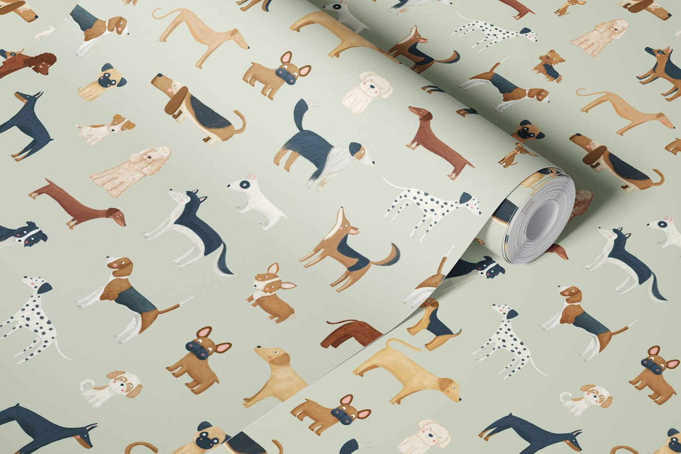 Dog Breeds in Sage Green wallpaper roll