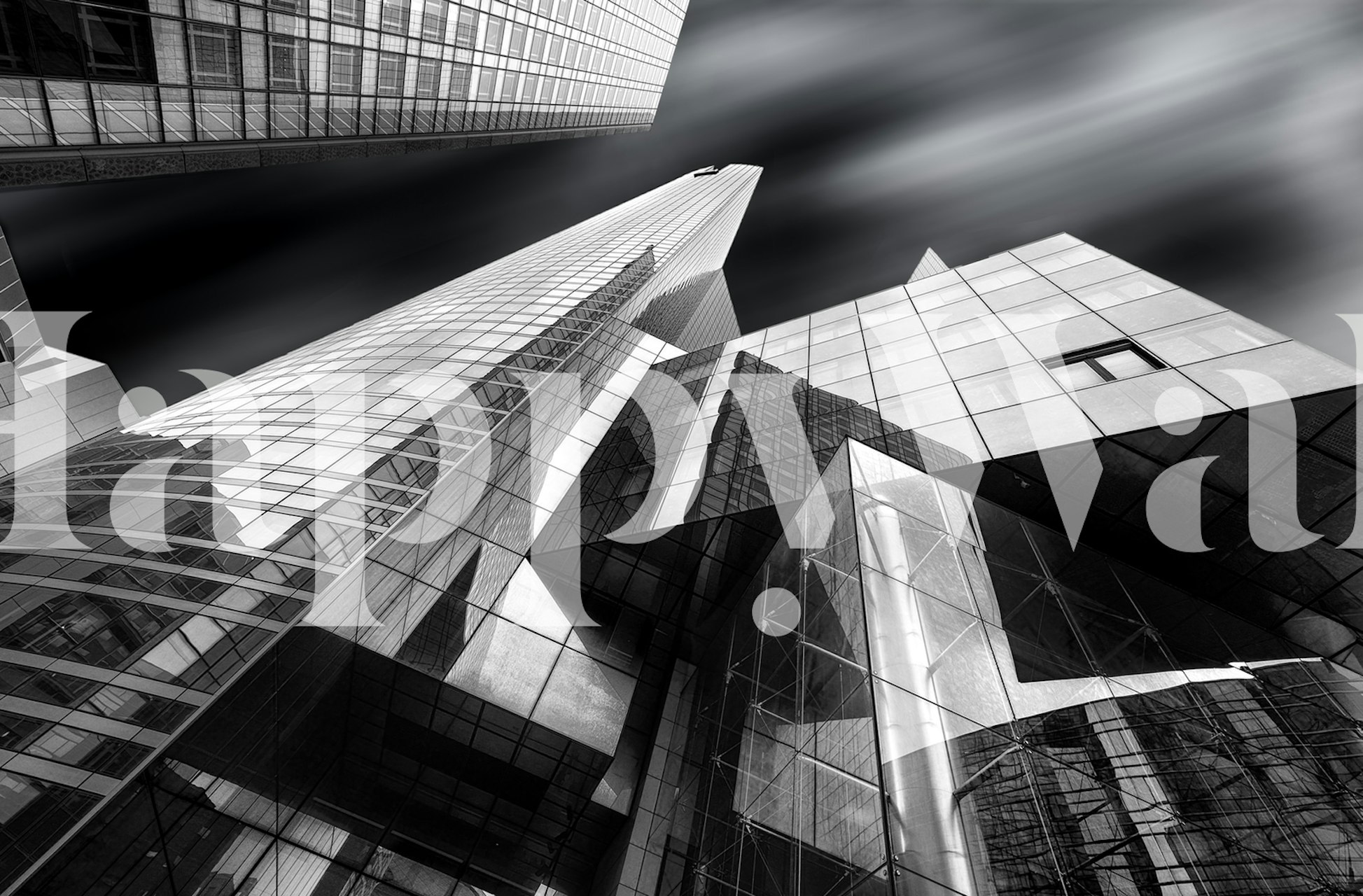 Μονόχρωμη τοιχογραφία ουρανοξυστών με αντανακλαστικές γυάλινες προσόψεις που ονομάζεται Glass City