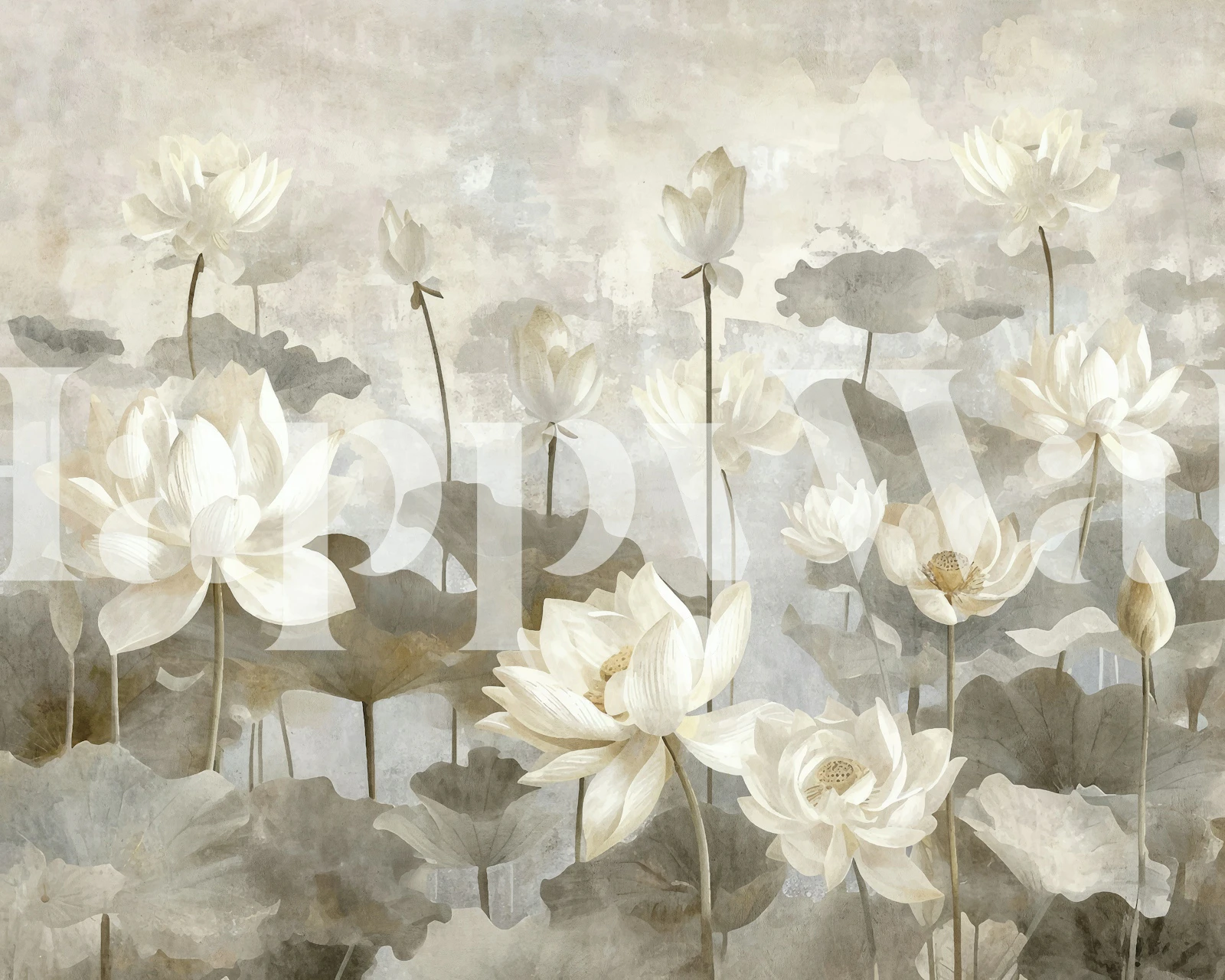 Watercolor-style white lotus flowers on gray background wallpaper