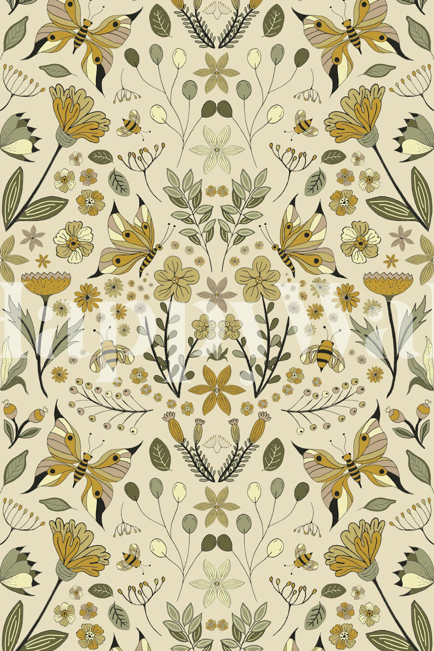 Floral design with yellow flowers and butterflies on beige background wallpaper