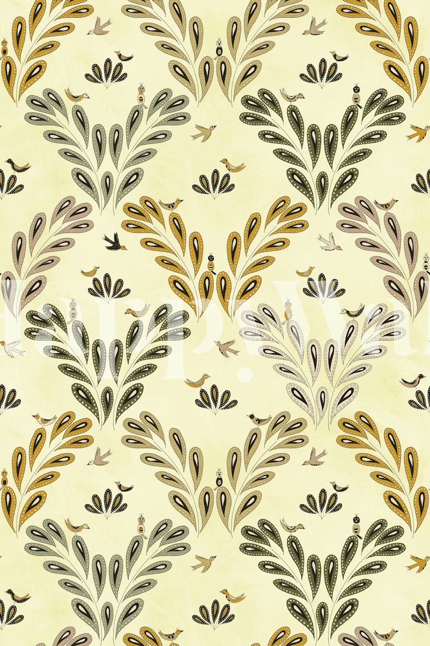 Birds and plants wallpaper in a room