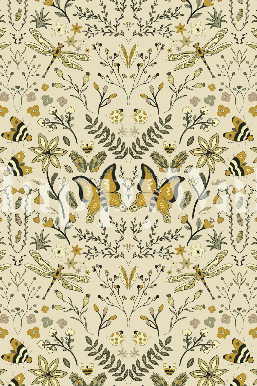 Butterfly and floral patterns in soft yellow and green tones wallpaper