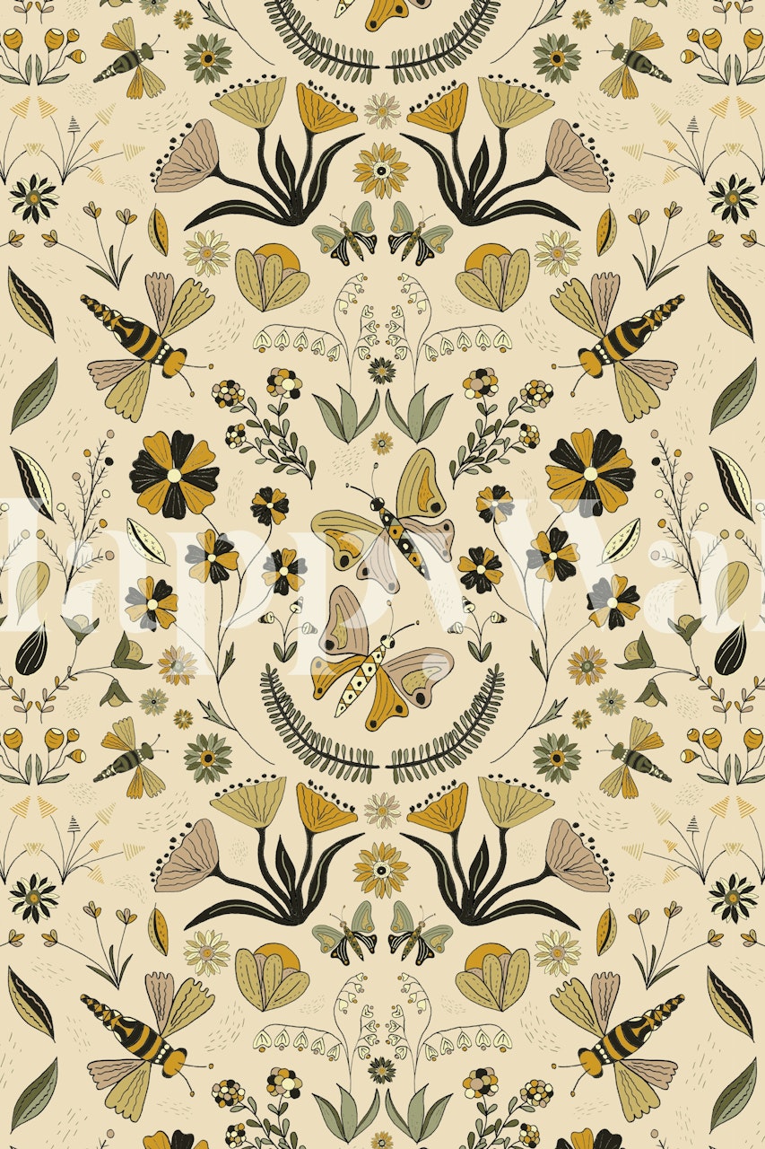 Ilustrativní fototapeta se symetrickým vzorem rostlin, motýlů a abstraktních zvířat v zahradním prostředí