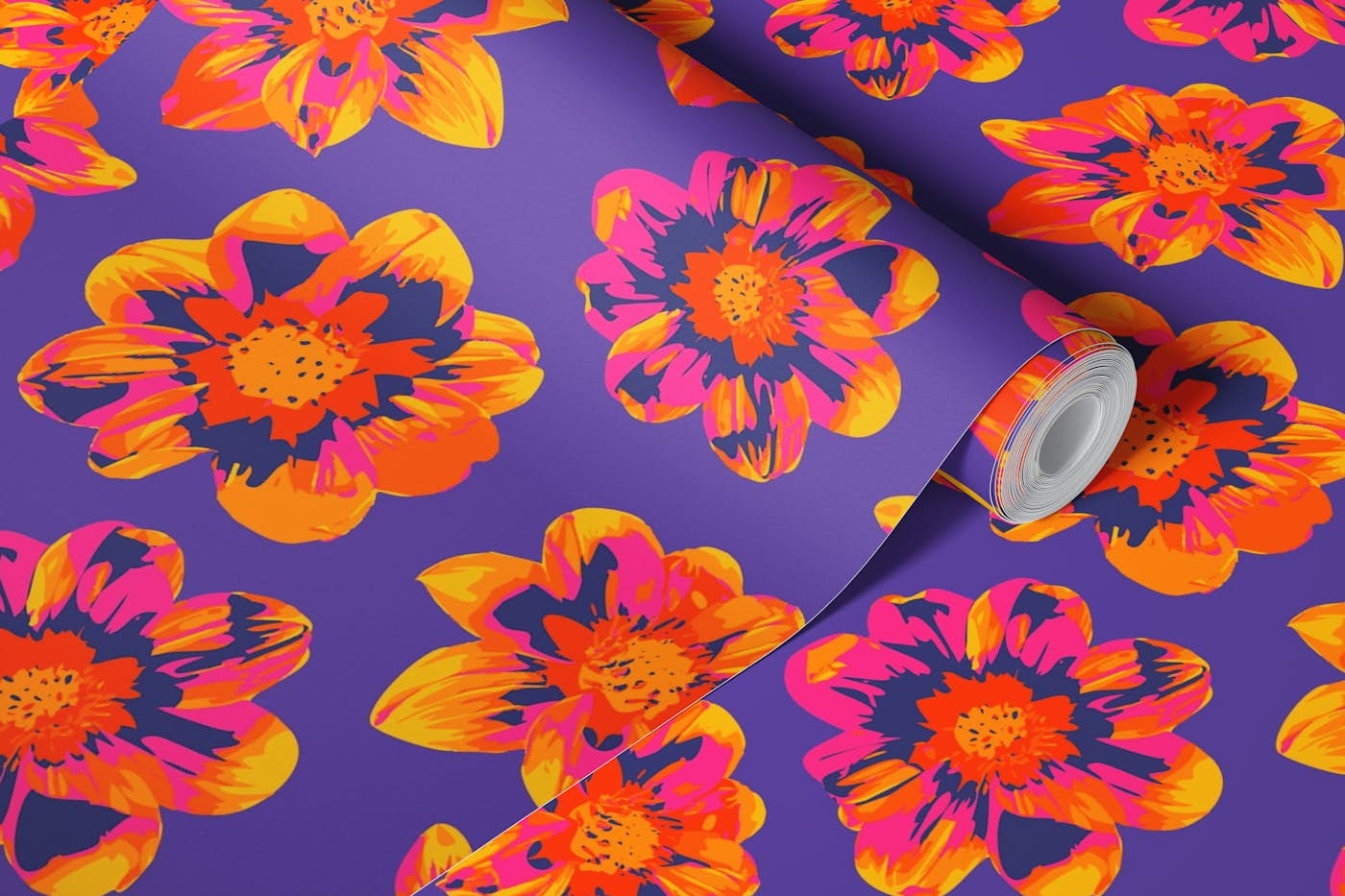 COSMIC COSMOS Pop Floral - Pink Orange Purple wallpaper roll