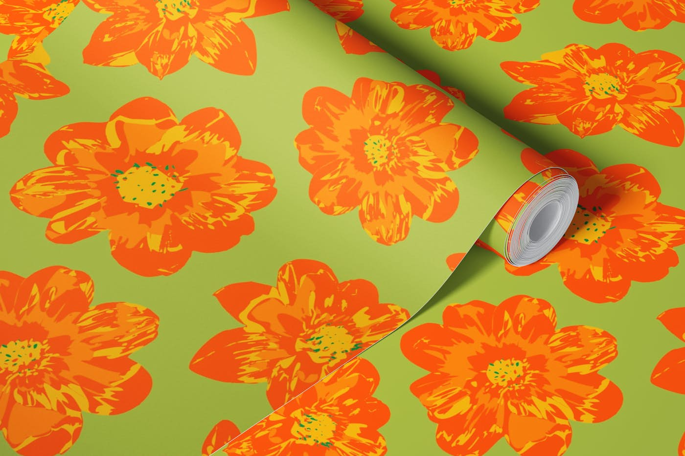 COSMIC COSMOS Pop Floral Orange Yellow Green wallpaper roll