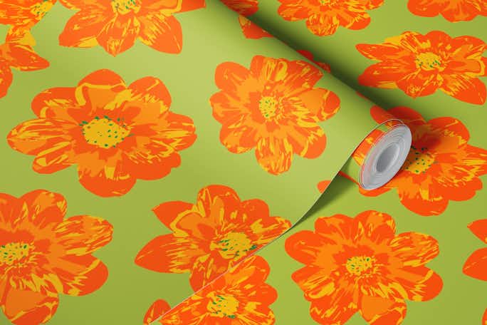 COSMIC COSMOS Pop Floral Orange Yellow Greenwallpaper roll