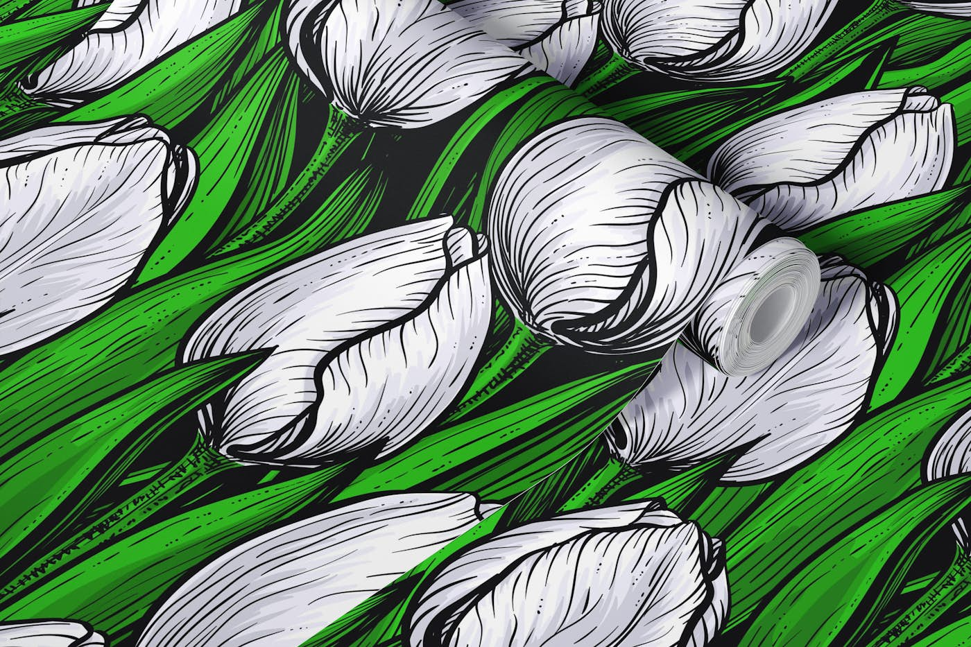 White tulips with green leaves wallpaper roll