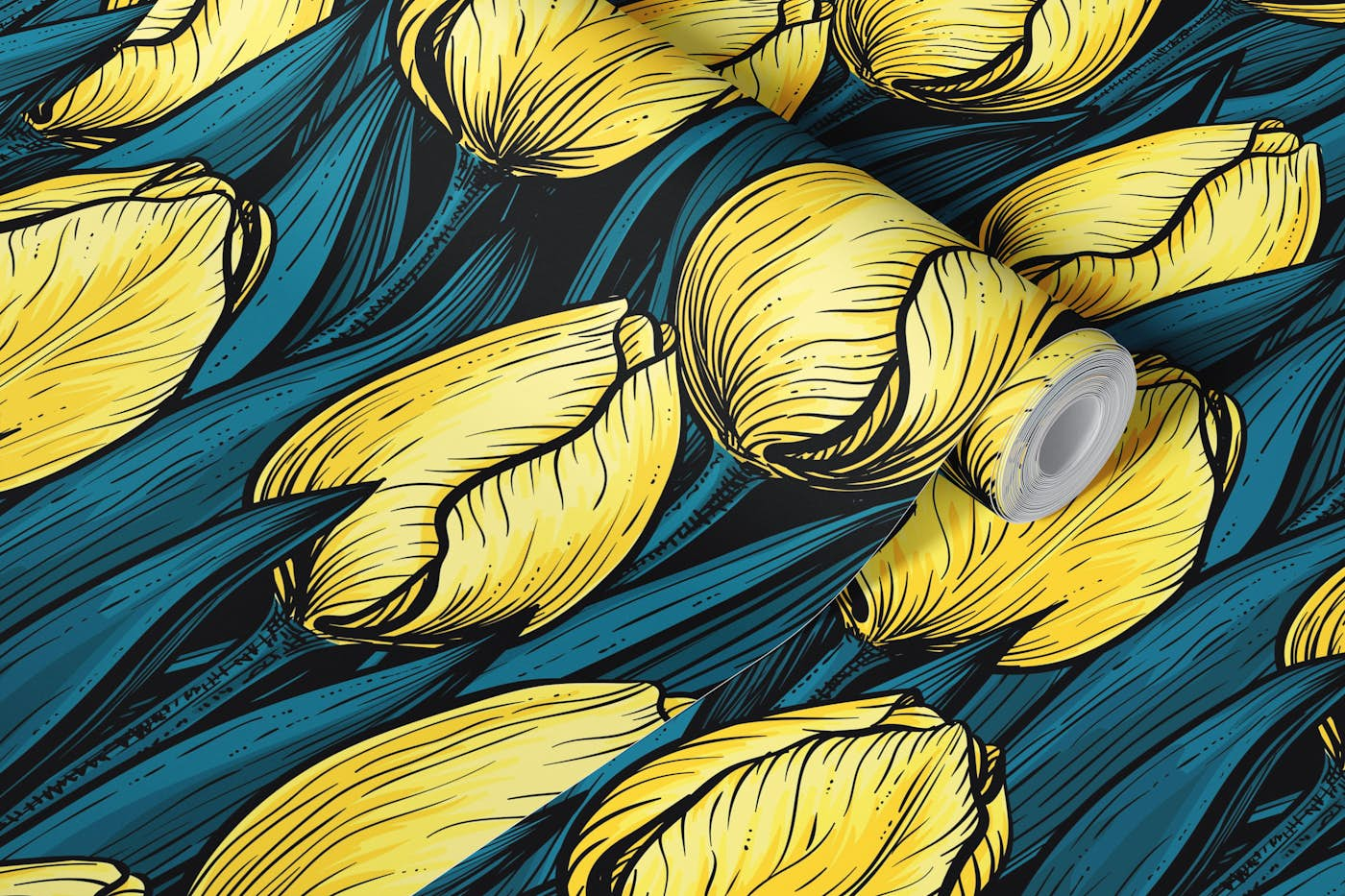 Yellow tulips with blue leaves wallpaper roll