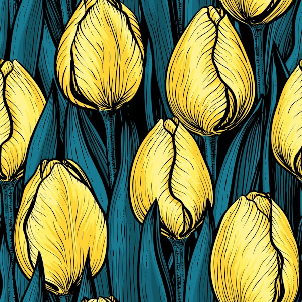 Yellow tulips with blue leaves