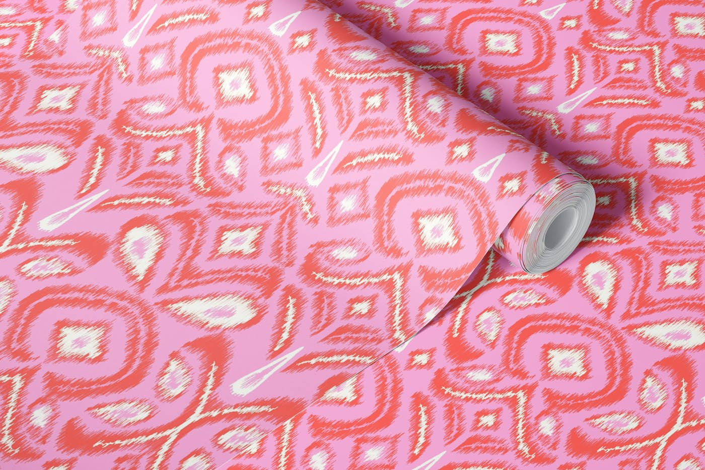 Ikat flower - vibrant pink and coral wallpaper roll