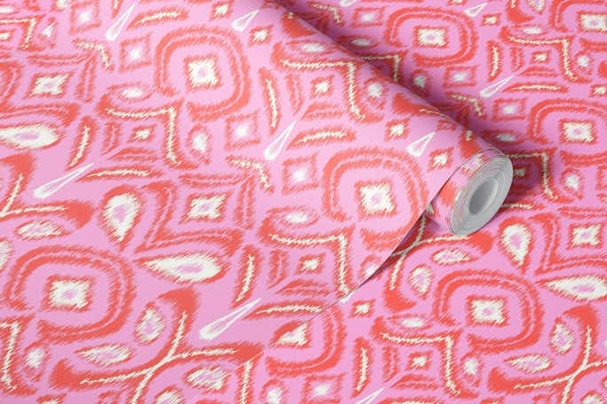 Ikat flower - vibrant pink and coralwallpaper roll
