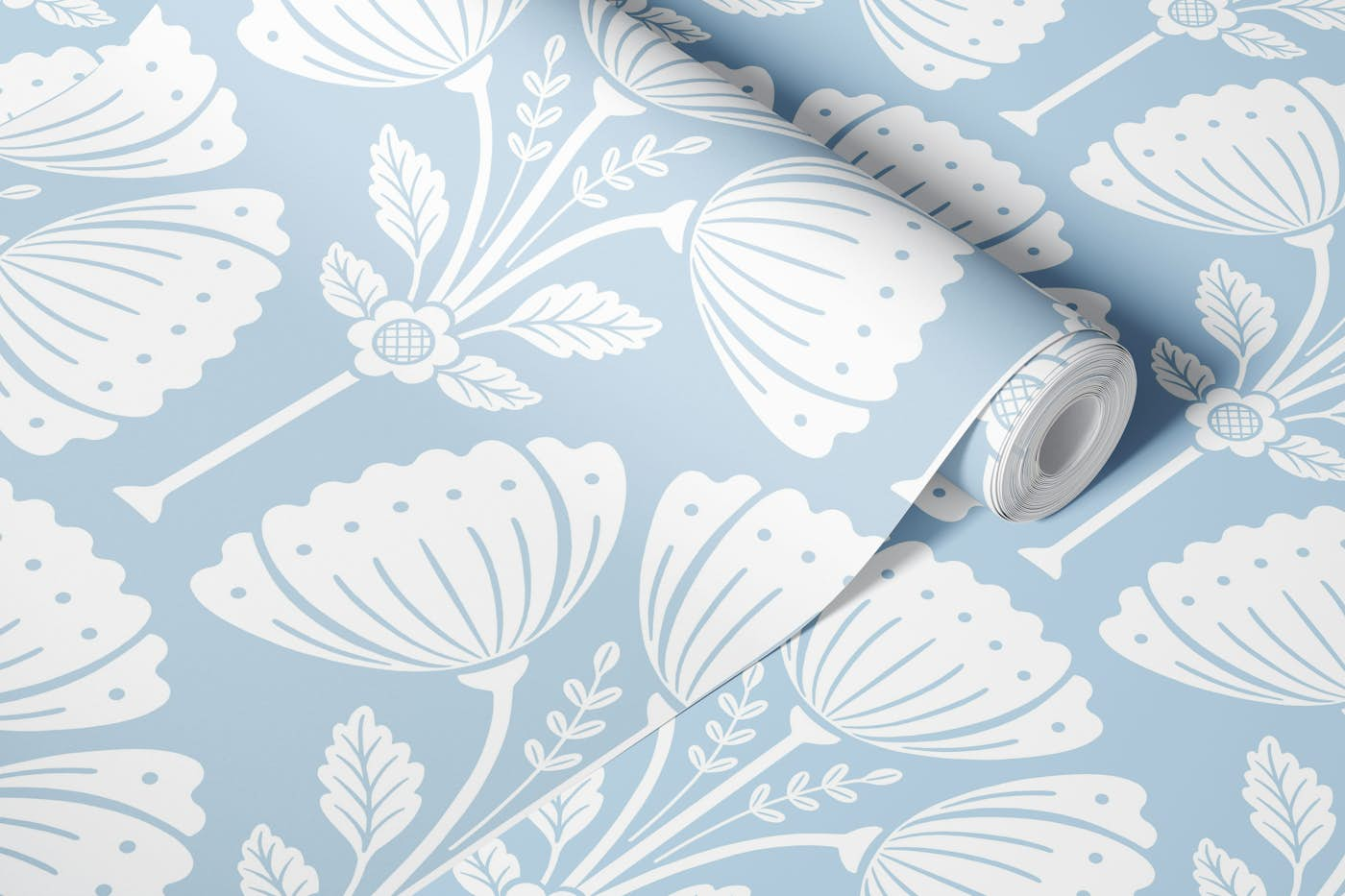 Block Print Bouquet - Air Blue 2 wallpaper roll