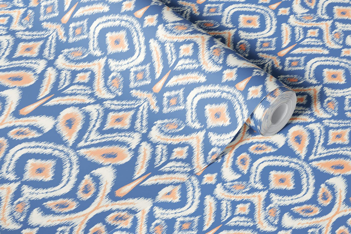 Ikat flower - blue with peach fuzz wallpaper roll